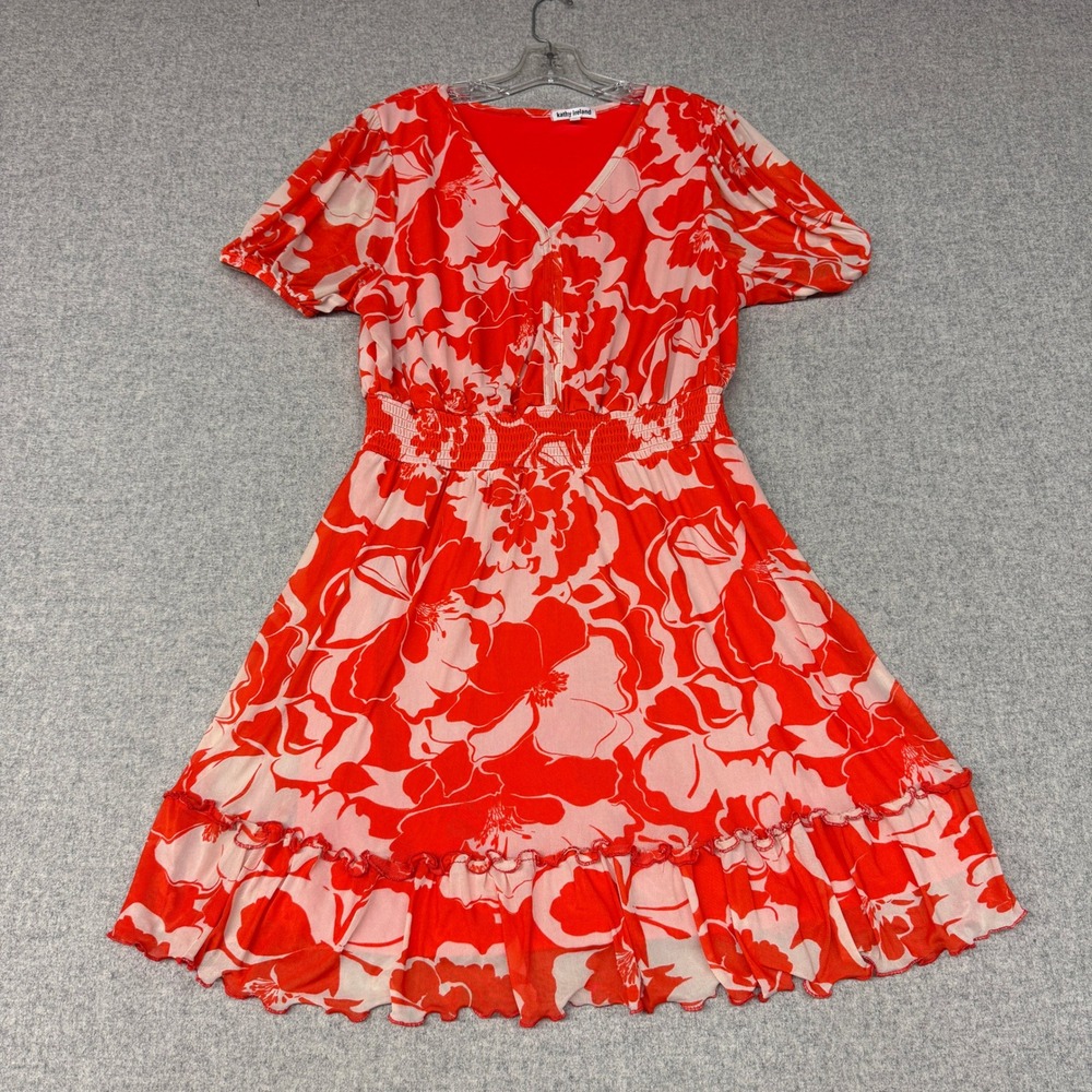 Kathy Ireland Floral Fit and Flare Dress XL Red Pink Smocked Puff Sleeve V-Neck